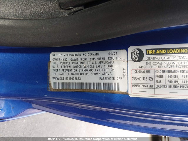 Продаж на аукціоні авто 2004 Volkswagen Golf, vin: 2BG6080934D132833, номер лоту: 40091470