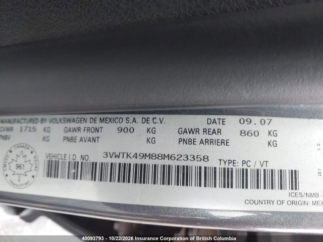 40093793 :رقم المزاد ، 3VWTK49M88M623358 vin ، 2008 Volkswagen Jetta مزاد بيع