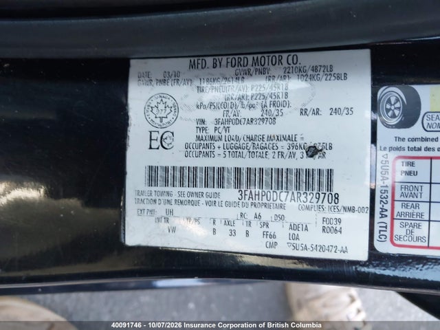 Aukcja sprzedaży 2010 Ford Fusion Sport, vin: 3FAHP0DC7AR329708, numer aukcji: 40091746