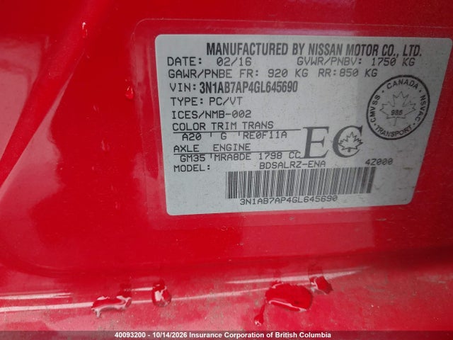 40093200 :رقم المزاد ، 3N1AB7AP4GL645690 vin ، 2016 Nissan Sentra 1.8 S/1.8 Sl/1.8 Sr/1.8 Sv مزاد بيع