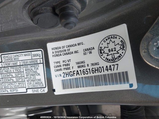 Aukcja sprzedaży 2006 Honda Civic, vin: 2HGFA16516H014477, numer aukcji: 40093824