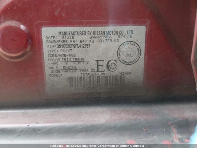 3N1CE2CP9FL412757 Nissan Versa Note S/s Plus/sv/sl/sr