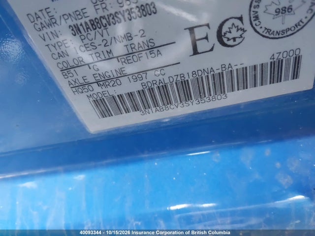 3N1AB8CV3SY353803 Nissan SENTRA SV