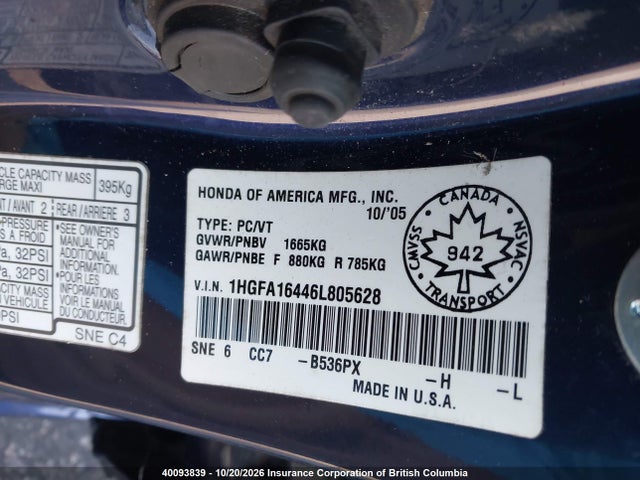 40093839 :رقم المزاد ، 1HGFA16446L805628 vin ، 2006 Honda Civic مزاد بيع