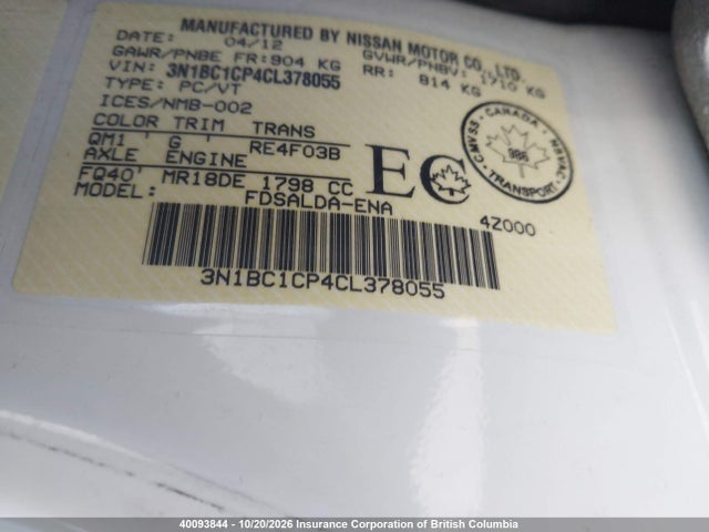 Aukcja sprzedaży 2012 Nissan Versa, vin: 3N1BC1CP4CL378055, numer aukcji: 40093844