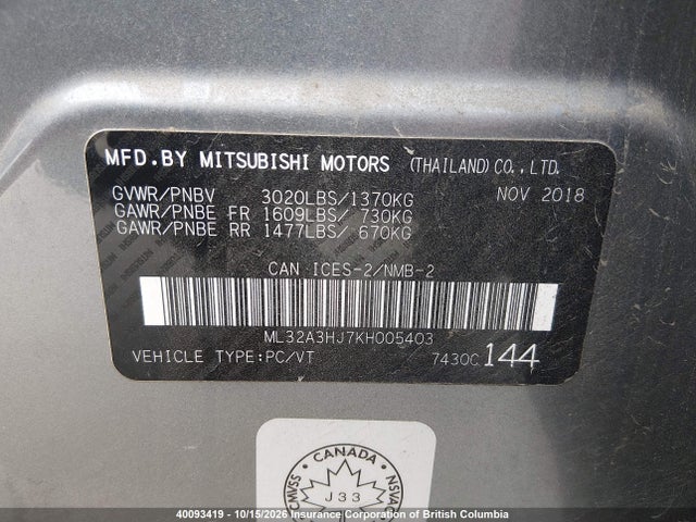 40093419 :رقم المزاد ، ML32A3HJ7KH005403 vin ، 2019 Mitsubishi Mirage Es/rf مزاد بيع