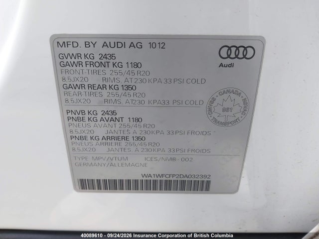 Продажа на аукционе авто 2013 Audi Q5 Prestige, vin: WA1WFCFP2DA032392, номер лота: 40089610