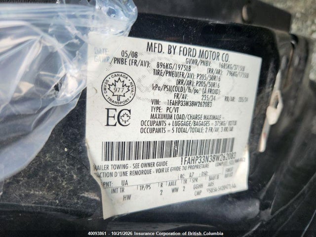 40093861 :رقم المزاد ، 1FAHP33N38W262083 vin ، 2008 Ford Focus مزاد بيع