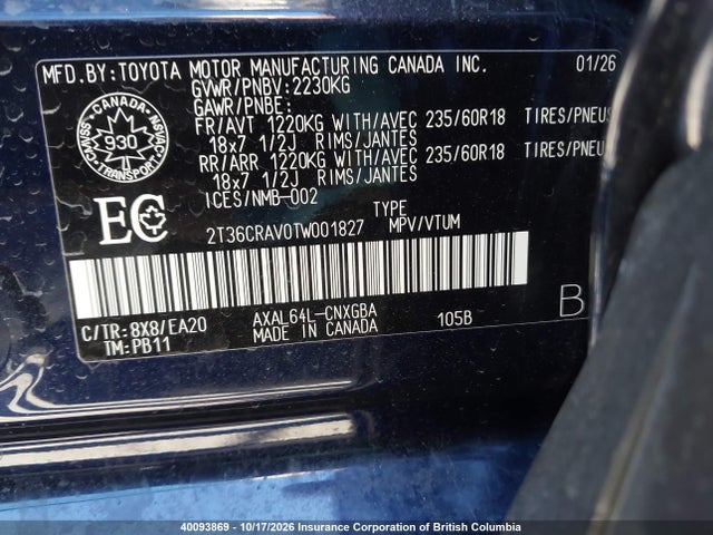 40093869 :رقم المزاد ، 2T36CRAV0TW001827 vin ، 2026 Toyota Rav4 مزاد بيع
