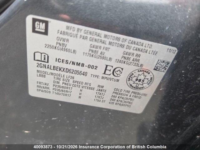 40093873 :رقم المزاد ، 2GNALBEKXD6205640 vin ، 2013 Chevrolet Equinox Ls مزاد بيع