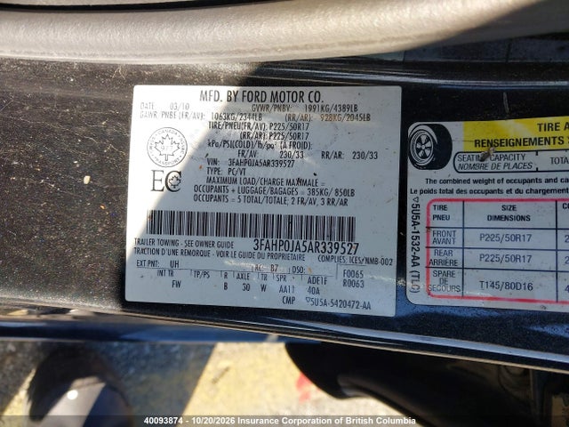 Продаж на аукціоні авто 2010 Ford Fusion Sel, vin: 3FAHP0JA5AR339527, номер лоту: 40093874