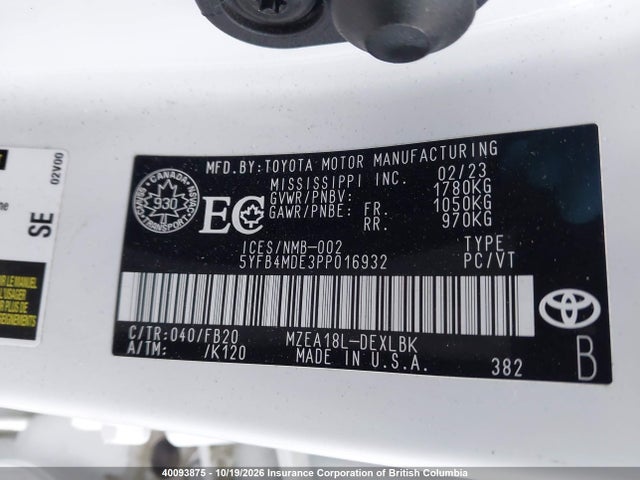 5YFB4MDE3PP016932 Toyota COROLLA LE