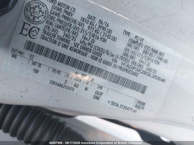 40087956 :رقم المزاد ، 1FADP3K28GL353646 vin ، 2016 Ford Focus Se مزاد بيع