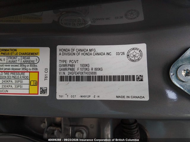 2HGFE4F8XTH009886 Honda Civic Sport/sport Touring