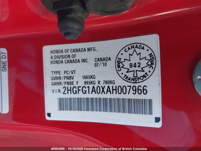 2010 Honda Civic მანქანა იყიდება აუქციონზე, vin: 2HGFG1A0XAH007966, აუქციონის ნომერი: 40093889