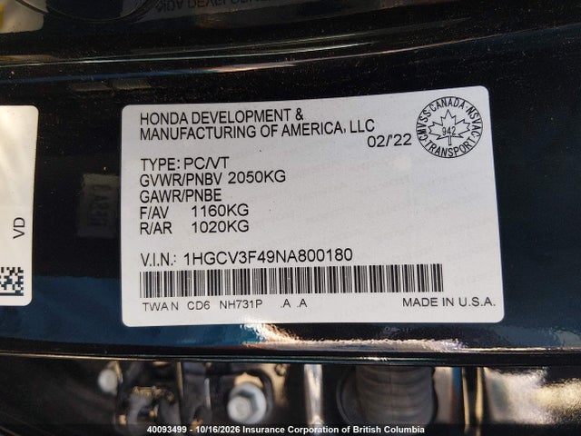 Aukcja sprzedaży 2022 Honda Accord Hybrid Ex, vin: 1HGCV3F49NA800180, numer aukcji: 40093499