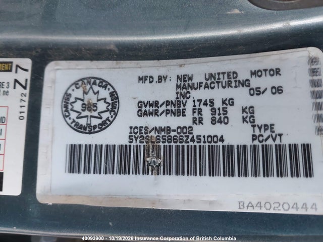 40093900 :رقم المزاد ، 5Y2SL65866Z451004 vin ، 2006 Pontiac Vibe مزاد بيع
