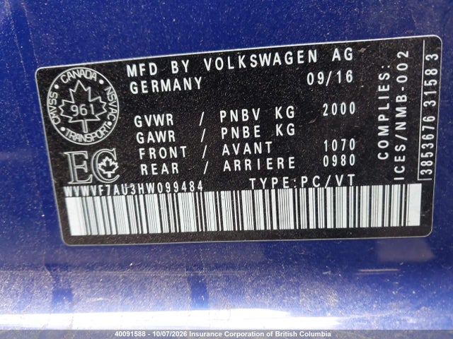 WVWVF7AU3HW099484 Volkswagen Golf R