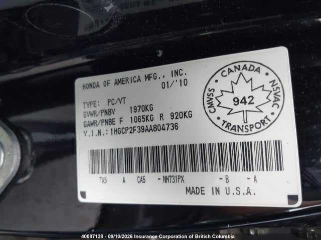 Aukcja sprzedaży 2010 Honda Accord Lx, vin: 1HGCP2F39AA804736, numer aukcji: 40087128