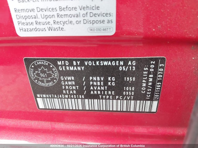 Продажа на аукционе авто 2013 Volkswagen Gti, vin: WVWHV7AJ4DW140186, номер лота: 40093934