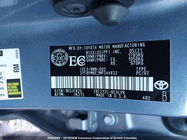 5YFBPMBE2MP244832 Toyota COROLLA LE