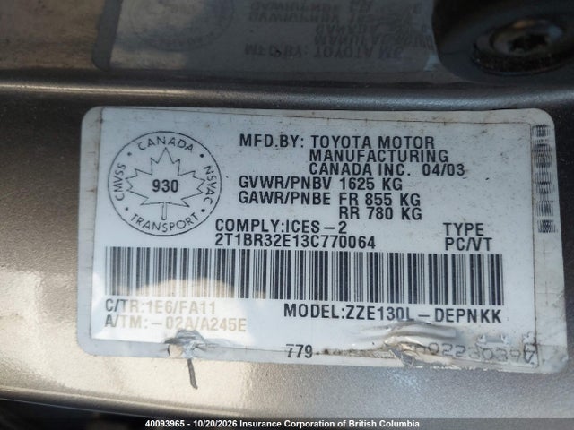Продажа на аукционе авто 2003 Toyota Corolla Ce/le/s, vin: 2T1BR32E13C770064, номер лота: 40093965