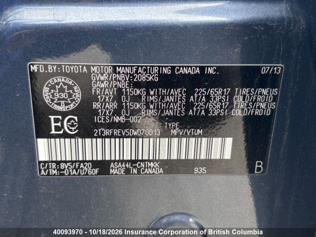 40093970 :رقم المزاد ، 2T3RFREV5DW070013 vin ، 2013 Toyota Rav4 مزاد بيع