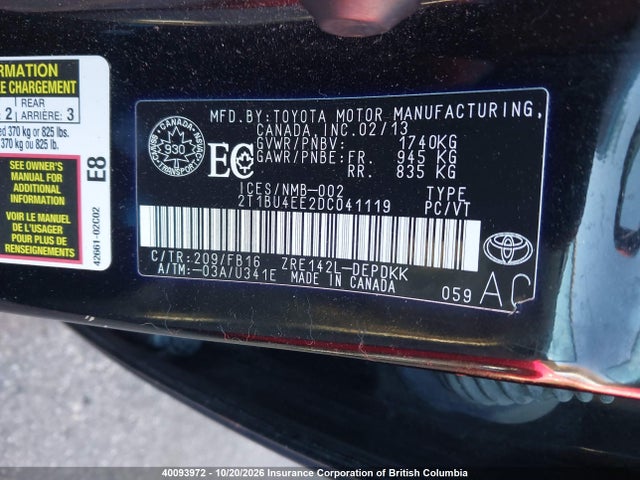 2013 Toyota Corolla S/le მანქანა იყიდება აუქციონზე, vin: 2T1BU4EE2DC041119, აუქციონის ნომერი: 40093972