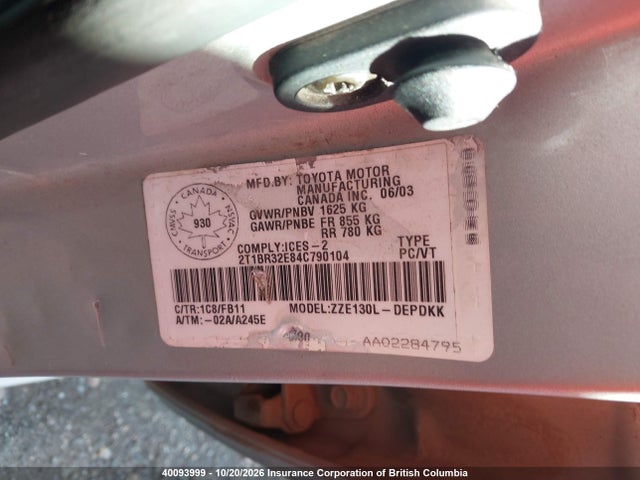 Продажа на аукционе авто 2004 Toyota Corolla Ce/le/s, vin: 2T1BR32E84C790104, номер лота: 40093999