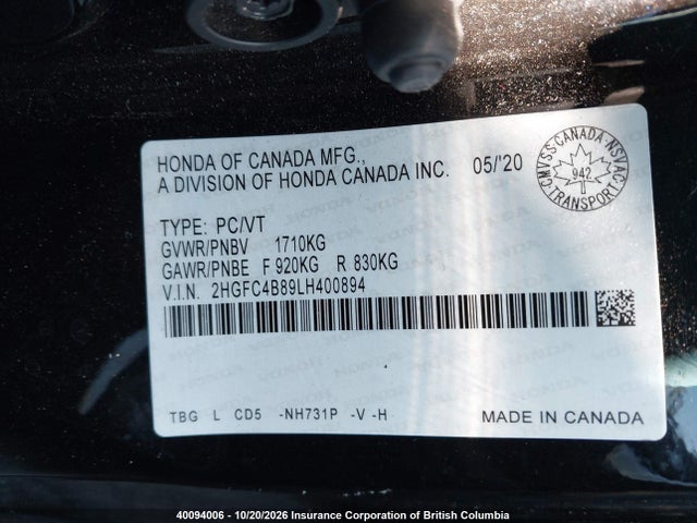 2HGFC4B89LH400894 Honda Civic
