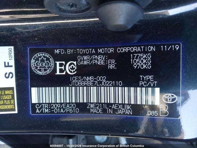 JTDBBRBE7LJ022110 Toyota Corolla Hybrid