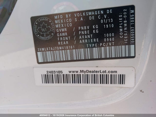 40094012 :رقم المزاد ، 3VWLX7AJ7DM418161 vin ، 2013 Volkswagen Jetta مزاد بيع