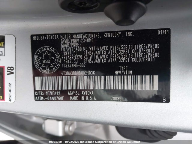 40094020 :رقم المزاد ، 4T3BA3BB8BU021036 vin ، 2011 Toyota Venza مزاد بيع