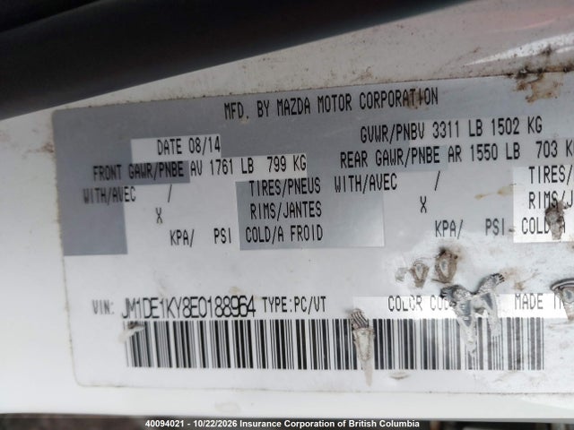 40094021 :رقم المزاد ، JM1DE1KY8E0188964 vin ، 2014 Mazda Mazda2 Gx مزاد بيع