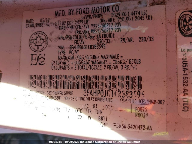 Продаж на аукціоні авто 2012 Ford Fusion Sel, vin: 3FAHP0JG1CR383595, номер лоту: 40094034