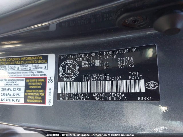 40094048 :رقم المزاد ، 4T1BB46K19U072197 vin ، 2009 Toyota Camry مزاد بيع