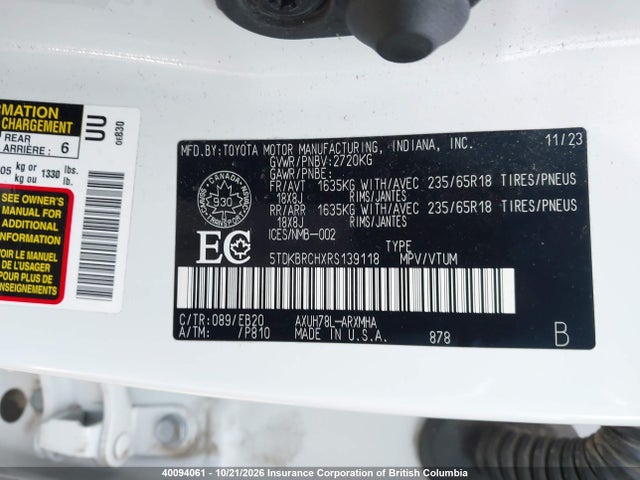 5TDKBRCHXRS139118 Toyota Highlander Hybrid Xle/hybrid Le