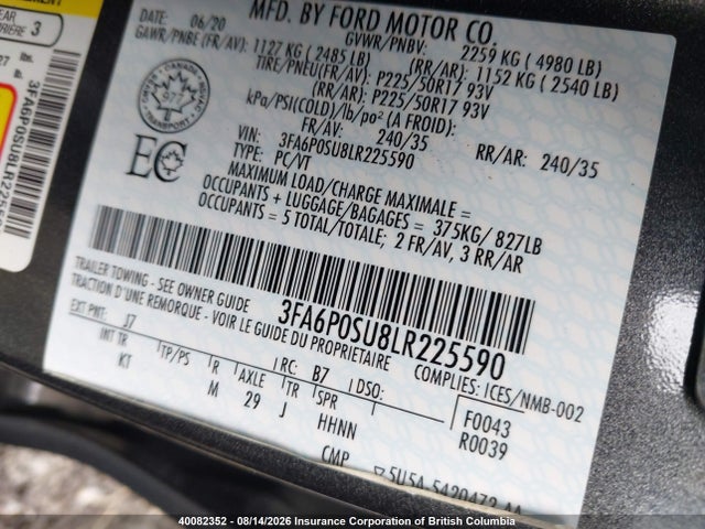 Продаж на аукціоні авто 2020 Ford Fusion Titanium, vin: 3FA6P0SU8LR225590, номер лоту: 40082352