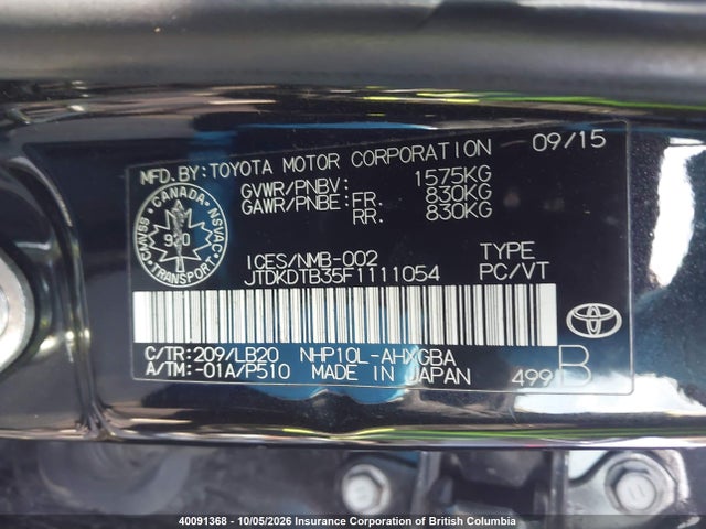JTDKDTB35F1111054 Toyota PRIUS C