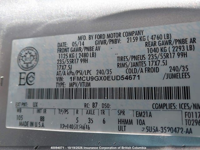Продаж на аукціоні авто 2014 Ford Escape Se, vin: 1FMCU9GX0EUD54671, номер лоту: 40094071