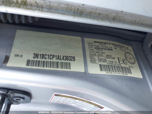 40094104 :رقم المزاد ، 3N1BC1CP1AL436328 vin ، 2010 Nissan Versa مزاد بيع