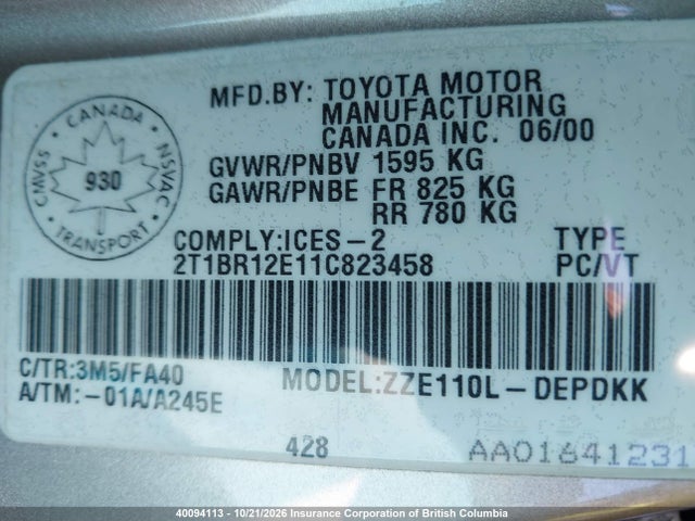 Продаж на аукціоні авто 2001 Toyota Corolla Ce/le/s, vin: 2T1BR12E11C823458, номер лоту: 40094113