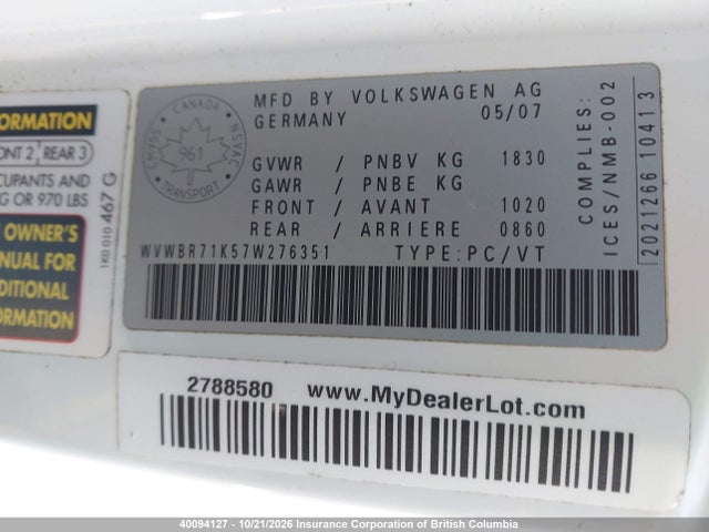 40094127 :رقم المزاد ، WVWBR71K57W276351 vin ، 2007 Volkswagen Rabbit مزاد بيع