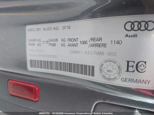 40093702 :رقم المزاد ، WAUANAF42HN029291 vin ، 2017 Audi A4 Premium مزاد بيع