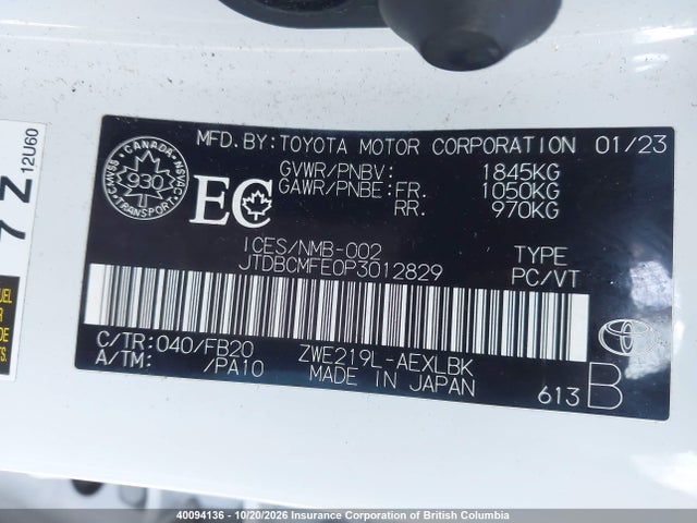 JTDBCMFE0P3012829 Toyota Corolla Hybrid Le