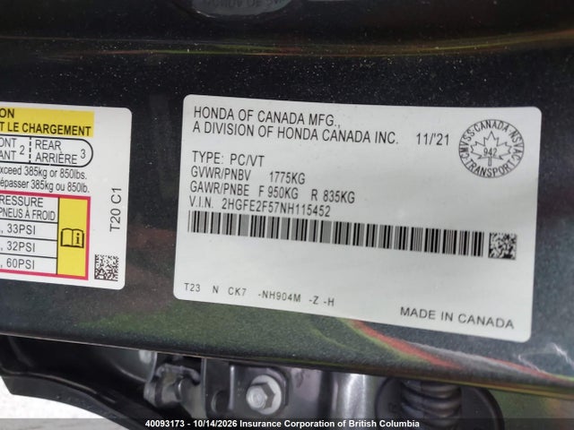 2022 Honda Civic Sport მანქანა იყიდება აუქციონზე, vin: 2HGFE2F57NH115452, აუქციონის ნომერი: 40093173