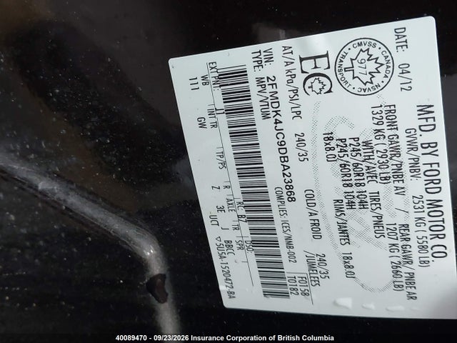 40089470 :رقم المزاد ، 2FMDK4JC9DBA23868 vin ، 2013 Ford Edge Sel مزاد بيع