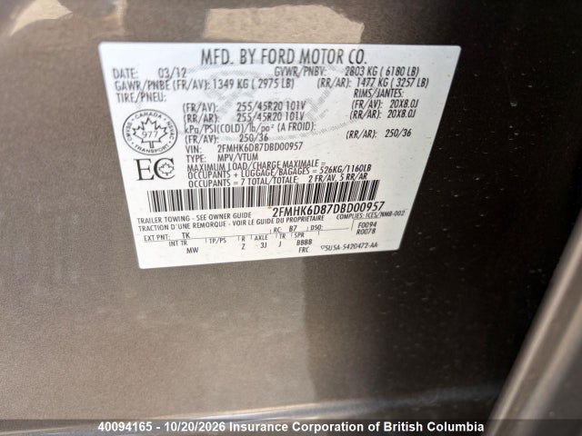40094165 :رقم المزاد ، 2FMHK6D87DBD00957 vin ، 2013 Ford Flex مزاد بيع