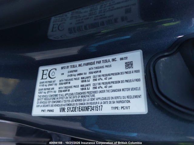 Tesla MODEL 3 2022 5YJ3E1EAXNF341517 Image 9