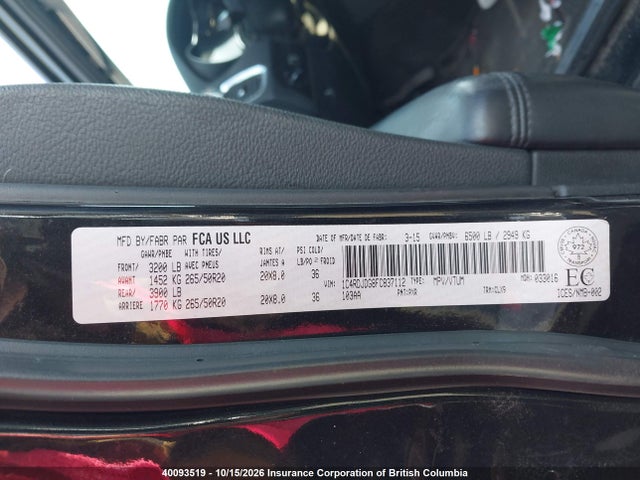 40093519 :رقم المزاد ، 1C4RDJDG8FC837112 vin ، 2015 Dodge Durango Limited مزاد بيع